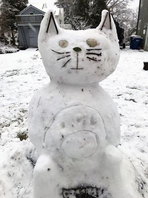 Snow Cat
There wasn’t a lot of accumulation with the snow that fell on the weekend over the coast as the storm started with rain, but there was enough snow on Brandt Beach in Mattapoisett for a family to have some fun creating this feline creature with seashell eyes. He even has a tail. Photo courtesy Noi Sabal. January 11, 2023 edition 
