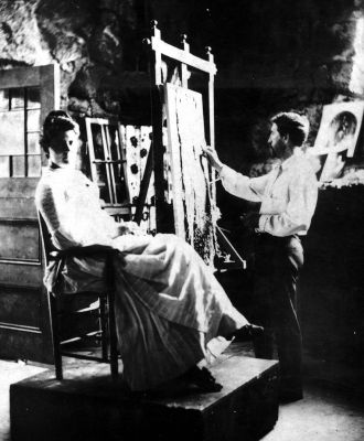 Double Eagle
Artist Augustus Saint-Gaudens models a portrait of a woman, Mrs. Cleveland, in the Old Stone Studio in Marion, 1887. Mr. Saint-Gaudens designed the Double Eagle gold coin in 1907. The coin was highly sought-after, and a reproduction of the coin has been added to the Sippican Historical Society Museum. For more information, read this weeks feature story: Saint-Gaudens and the Golden Double Eagle. Photo courtesy of the Sippican Historical Society.
