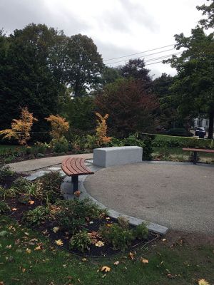 Elizabeth Taber
The site for the installation of the Elizabeth Taber statue is adorned in fall colors as it awaits the statue’s installation and unveiling planned for Saturday, October 17, at 11:00 am in Bicentennial Park at the corner of Spring and Pleasant Streets in Marion. Photo by Marilou Newell
