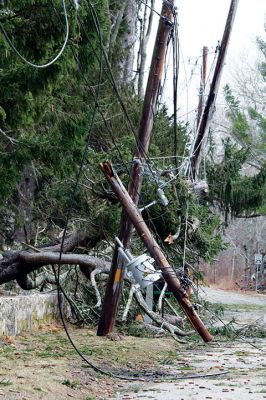 Marooned in Marion 
The March 2 storm left a trail of destruction throughout the Tri-Town. This severed telephone pole surrounded by wires and downed trees remained an obstacle on Delano Road for over 24 hours, according to Marion Police Chief John Garcia. The road was shut down, and for some time there was no access to the east side of town, Garcia told The Wanderer on Saturday. Photo by Jean Perry
