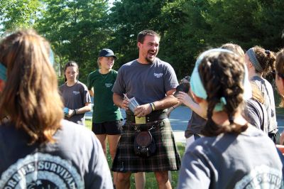 Stayin’ Alive 
Survival Week at ORR Junior High kicked off on the early morning of Sunday, June 17, as the 7th-graders boarded the busses for Western Massachusetts for a week of roughing it in the wild. And for this generation, that simply means no electronic devices and no Dunkin’ Donuts. Survival is now in its 46th year and still going strong. Some, like Survival leader Kevin “KT the Kilt Man” Thompson, have attended Survival since they were 7th-graders 30 years ago. Photos by Jean Perry
