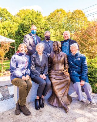 Elizabeth Taber Statue
From left, Bill Kingsland of Fairhaven on the trumpet, Phil Sanborn of Marion on the trombone, Liz MacKenzie of Wareham on trombone, and Toby Monte of Somerset on trumpet made up the Academy Brass Quartet that provided an entertaining musical backdrop for Saturday’s celebration of the Elizabeth Taber statue in Bicentennial Park. Photo by Mick Colageo
