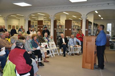 Taber Library 
Selectman Steve Gonsalves, Peggy Repass, Library Director Libby O'Neill, and Selectman Norm Hills celebrate the groundbreaking of the Taber Library entrance restoration project on September 30, with funds donated by Repass. Photo by Sarah French Storer
