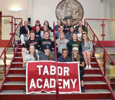Tabor Academy Athletes
Eighteen Tabor Academy athletes from the Class of 2016 will be off to compete in NCAA Division I sports once they graduate from the School by the Sea. This is a record-breaking year, up from seven students last year. Celebrating their success, many of the student athletes took part in a ceremony to officially sign their letters of intent with proud friends and families on hand to cheer them on.
