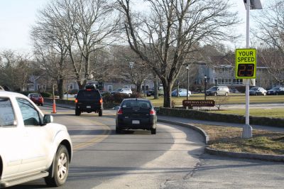 Tabor Traffic
Tabor Academy has implemented many new safety features to safeguard crosswalks on Front and Spring Street. One of the new features is a sign on Front Street that reflects your speed and flashes if you are traveling above the 25mph speed limit. Photo by Paul Lopes
