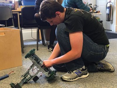 Robots
Old Colony student Bridgett Farias of Rochester demonstrates how a robot works during an introductory meeting sponsored by Plumb Library on May 17. Students in Grades 4 through 6 got to drive robots and learn more about the high school program. Photo by Marilou Newell
