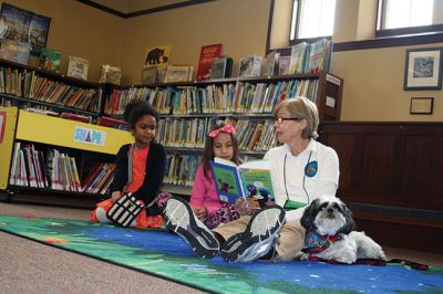 Breton
Lenore Everett and her therapy dog Breton read stories at the Mattapoisett Public Library on Saturdays twice per month. Breton loves the interaction with the children who, even those timid around dogs, respond to Breton’s gentle nature. Photo by Marilou Newell
