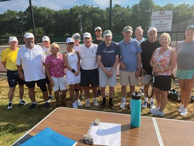 Mattapoisett Community Tennis Association
Mattapoisett Community Tennis Association first-place finisher Mike Hickey, third and fourth-place finishers Kim Celi and Chris Barnes, and fifth-place finisher Emily Marvin. Not pictured: second-place finisher Dave Mello. Photo courtesy of Mike Hickey
