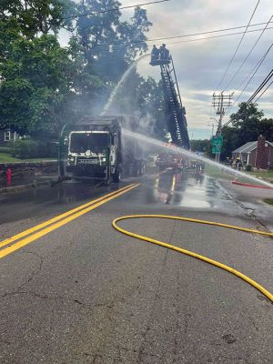 Truck Fire
Emergency responders were dispatched to Front Street for a Waste Management trash truck that had caught fire. The Marion Fire Department expressed gratitude to mutual aid partners at Mattapoisett Fire Rescue and Wareham Fire Department for their assistance. Photos courtesy Marion Fire Department
