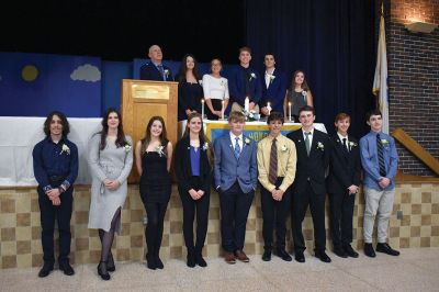 Upper Cape Cod Regional Technical School 
Nine Upper Cape Cod Regional Technical School students were inducted into the Upper Cape Cod Regional Technical School Chapter of the National Honor Society on December 7. From left, front row: NHS Student Officers Ronan Gleason, Bryce Moulding, Jonathan Mello, Braden Coryer, Brayden McWilliams, Georgia Webber, Jillian Astore, Maeve West and Dennis Theoharidis. Back row: NHS Student Officers Abigail Goodwin, Henry Knox, Evan Bostwick, Meredith Connor and Miranda Buckley, and NHS Advisor - John Kelly. Photo 
