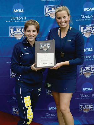 UMass Dartmouth Women's Tennis 
UMass Dartmouth Women's Tennis team captured the Little East Conference Championship title for 2015 on Saturday, beating Bridgewater State 5-4! Senior Co-Captains Maggie LeBrun (right) from Mattapoisett (Tabor Academy 2012) and Kristen Rose (left) from Dartmouth are pictured with the LEC Championship award! Maggie and Kristen play singles and doubles for the Corsairs. Maggie is the senior class president of 2016 and Kristen is Miss New Bedford.
