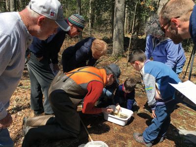 Vernal Pools
On April 21, Gary Johnson of the Mattapoisett Land Trust led a group to the vernal pool located off Long Plain Road in the Woodcock Preserve where he detailed the steps in achieving state certification of these important ecosystems, the breeding places for many endangered species. Photos by Marilou Newell
