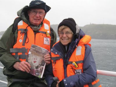 Cape Horn
Barbara and David L. Thun with a copy of “The Wanderer” waiting for the weather to clear to land on Cape Horn on January 12, 2012.
