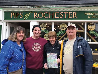 Rochester, Kent, England
We recently travelled to Rochester, Kent, England  -- the original Rochester -- and brought a copy of the Wanderer for a group photo!  

We enjoyed visiting the Rochester Castle, the Rochester Cathedral, and several lovely shops.

Pictured above, from left to right, are Rochester, MA residents: Sharon Hartley, Mike Cambra, Ann Cambra, and Woody Hartley. 

