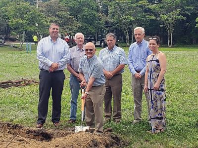 Cushing Community Center.
Marion Council on Aging Chair Harry Norweb takes the ceremonial first shovel of land on Tuesday afternoon to celebrate the beginning of construction of the new walking path at the Cushing Community Center. Looking on from left: Town Administrator Jay McGrail, Select Board Chair Norm Hills, Select Board member Randy Parker, Community Preservation Committee Chair Jeff Doubrava, and COA Director Karen Gregory. Photo courtesy Town of Marion
