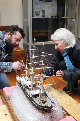 Whale Bark Wanderer
Mattapoisett Museum Curator Connor Gaudet and volunteer Bob Clifford unpack the custom model of the Whale Bark Wanderer 1878 recreated by artist George Lowery from scratch and donated to the museum. The model arrived on Tuesday afternoon from Arizona in a crate weighing a total of 181 pounds. The model joins two other models of the famous whaling ship in the museum, including a model built and donated by John D. Young. Photos by Mick Colageo
