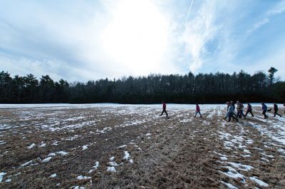 Olde Field Farm
The Mattapoisett Land Trust and the Rochester Land hosted a joint walk at the Olde Field Farm property on the afternoon of Sunday, February 23. Hikers walked through the pinewood trails and through the frozen wetlands surrounding the Mattapoisett River, looking for animal tracks in the snow and admiring the natural beauty Rochester has to offer. The RLT will be hosting other walks in the future to showcase properties featured in their new booklet titled, “Explore Rochester.” Photo by Felix Perez
