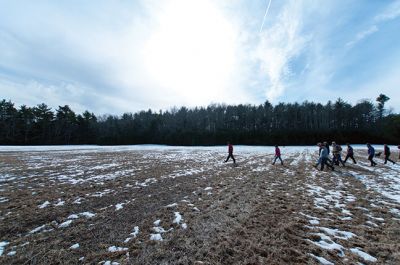 Olde Field Farm
The Mattapoisett Land Trust and the Rochester Land hosted a joint walk at the Olde Field Farm property on the afternoon of Sunday, February 23. Hikers walked through the pinewood trails and through the frozen wetlands surrounding the Mattapoisett River, looking for animal tracks in the snow and admiring the natural beauty Rochester has to offer. The RLT will be hosting other walks in the future to showcase properties featured in their new booklet titled, “Explore Rochester.” Photo by Felix Perez
