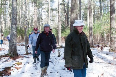 Olde Field Farm
The Mattapoisett Land Trust and the Rochester Land hosted a joint walk at the Olde Field Farm property on the afternoon of Sunday, February 23. Hikers walked through the pinewood trails and through the frozen wetlands surrounding the Mattapoisett River, looking for animal tracks in the snow and admiring the natural beauty Rochester has to offer. The RLT will be hosting other walks in the future to showcase properties featured in their new booklet titled, “Explore Rochester.” Photo by Felix Perez
