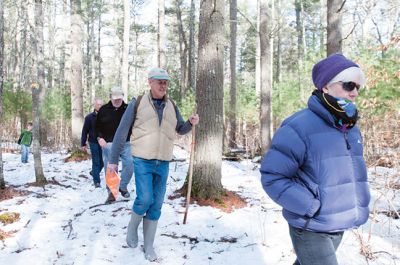 Olde Field Farm
The Mattapoisett Land Trust and the Rochester Land hosted a joint walk at the Olde Field Farm property on the afternoon of Sunday, February 23. Hikers walked through the pinewood trails and through the frozen wetlands surrounding the Mattapoisett River, looking for animal tracks in the snow and admiring the natural beauty Rochester has to offer. The RLT will be hosting other walks in the future to showcase properties featured in their new booklet titled, “Explore Rochester.” Photo by Felix Perez
