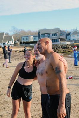 Christmas Day Plunge
At 94, Bob Humphrey was the elder statesman participating in the Christmas Day plunge held at Mattapoisett Town Beach, which including 47 swimmers and raised $2,595 in donations for the benefit of Helping Hands & Hooves. While December 25 was unseasonably mild, the water temperature in the harbor was still chilly as the effort inspired camaraderie among participating friends and couples. Photos by Mick Colageo
