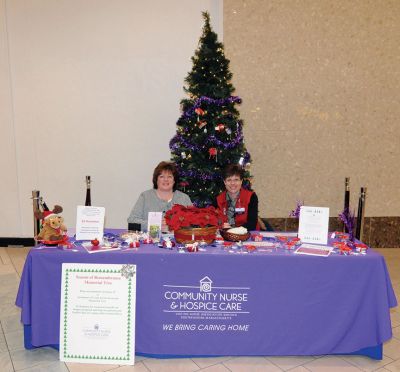 Annual Season of Remembrance Memorial Tree
Elizabeth Smith (left) and Gail Nicholson (right), both of Mattapoisett, volunteer their time at the Annual Season of Remembrance Memorial Tree for the Community Nurse Hospice.  Mall patrons may donate a gift in the name of a loved one to be placed on the tree in support of the Hospice program. Photo courtesy Tim Smith
