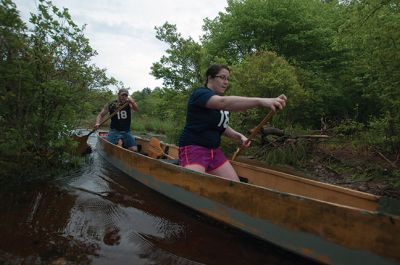 Memorial Day Boat Race
Keeping with an 80 year-old tradition, people with their home made boats raced toward the finish line during the annual Rochester Memorial Day Boat Race. Beginning at Grandma Hartley’s Reservoir on Snipatuit Road, boaters paddled the almost 12-mile race route to Herring Weir at River Road in Mattapoisett. There were 65 teams in all. Photo by Felix Perez.
