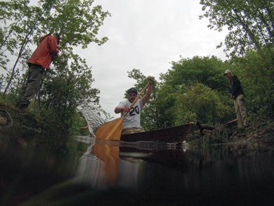 Memorial Day Boat Race
Keeping with an 80 year-old tradition, people with their home made boats raced toward the finish line during the annual Rochester Memorial Day Boat Race. Beginning at Grandma Hartley’s Reservoir on Snipatuit Road, boaters paddled the almost 12-mile race route to Herring Weir at River Road in Mattapoisett. There were 65 teams in all. Photo by Felix Perez.
