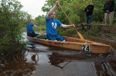 Memorial Day Boat Race
Keeping with an 80 year-old tradition, people with their home made boats raced toward the finish line during the annual Rochester Memorial Day Boat Race. Beginning at Grandma Hartley’s Reservoir on Snipatuit Road, boaters paddled the almost 12-mile race route to Herring Weir at River Road in Mattapoisett. There were 65 teams in all. Photo by Felix Perez.
