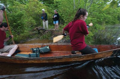 Memorial Day Boat Race
Keeping with an 80 year-old tradition, people with their home made boats raced toward the finish line during the annual Rochester Memorial Day Boat Race. Beginning at Grandma Hartley’s Reservoir on Snipatuit Road, boaters paddled the almost 12-mile race route to Herring Weir at River Road in Mattapoisett. There were 65 teams in all. Photo by Felix Perez.
