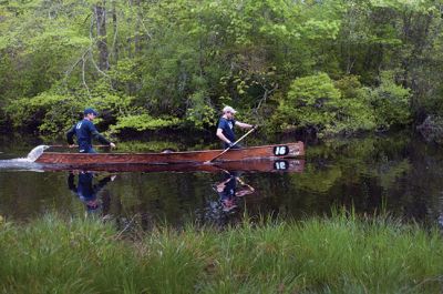 Memorial Day Boat Race
Keeping with an 80 year-old tradition, people with their home made boats raced toward the finish line during the annual Rochester Memorial Day Boat Race. Beginning at Grandma Hartley’s Reservoir on Snipatuit Road, boaters paddled the almost 12-mile race route to Herring Weir at River Road in Mattapoisett. There were 65 teams in all. Photo by Felix Perez.
