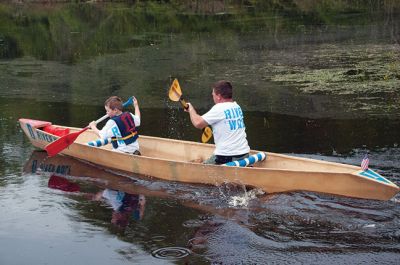 Memorial Day Boat Race
Keeping with an 80 year-old tradition, people with their home made boats raced toward the finish line during the annual Rochester Memorial Day Boat Race. Beginning at Grandma Hartley’s Reservoir on Snipatuit Road, boaters paddled the almost 12-mile race route to Herring Weir at River Road in Mattapoisett. There were 65 teams in all. Photo by Felix Perez.
