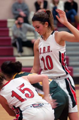 ORR Basketball
The ORR Lady Bulldogs Varsity Basketball team dominated Dighton-Rehoboth 50-24 Thursday night in front of a home crowd in the ORR gymnasium.  The girls went on a 16-2 run in the first quarter and never gave up their lead.  The team improves to 4-1 overall and 3-0 in the South Coast Conference. Sophomore Gabby Reuter and Junior Haley Dickerson each had 14 points and 10 rebounds apiece. Photo by Felix Perez
