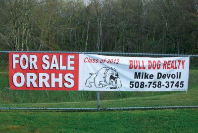 ORRHS For Sale
Driving by ORRHS this week, you might have thought the school was for sale.  The banner, depicted in the picture, was part of the Class of 2012’s Senior Prank.  The banner said the school was for sale and to contact Principal Mike Devoll for inquiries. Photo by Anne Smith.
