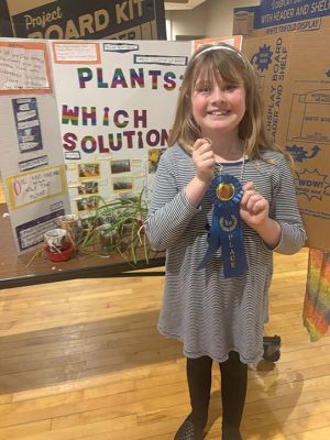 Sippican Science Fair
Second-grade student Sagan Tomasik-Jones won a blue ribbon for her project, "Plants: Which solution is better?" (Photo Courtesy Old Rochester Regional School District and MA Superintendency Union #55)
