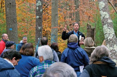 Old Colony Trees
Phil Benjamin of Benjamin Forestry Services presented a Forest Management Plan at Old Colony to Rochester residents on Saturday. The removal of trees in the area has some abutters concerned, but the town and School Committee support the plan. Photo by Nick Walecka.
