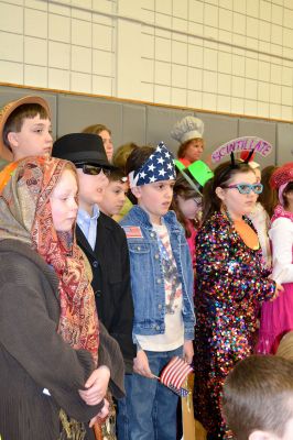 Vocabulary Day Parade 
A living, breathing, (and giggling) dictionary of vocabulary words displayed their intellect and imagination at Rochester Memorial School during its first annual Vocabulary Day Parade on April 4. Photo by Jean Perry
