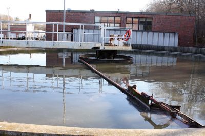 Waste Water Treatment
Step #2 starts in one of eight 15-foot deep concrete clarifiers where screened water is skimmed for oils by a long metal arm, and where 40% of solids sink to the bottom and are removed.
