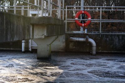 Waste Water Treatment
In the aeration basins, water is bubbled and oxygenated, and bacteria are introduced into the mix to break down remaining suspended solids until it’s 90% clear. The water is disinfected with UV light before being discharged to an outfall point at the intersection of Main and Church Streets in Fairhaven into New Bedford Harbor. (Hopefully that lifesaver has never been needed.)
