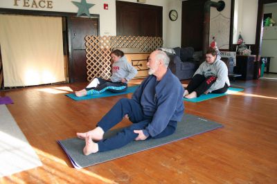 Namaste
Rochester Women's Club member Marsha Hartley conducted a yoga class at the Clubhouse on Marion Rd in Rochester on Saturday, January 7, 2012. The classes are a fundraiser for the club to make repairs on their clubhouse. For information on the yoga classes, please call Ms. Hartley at 508-322-0998. Photo by Robert Chiarito.
