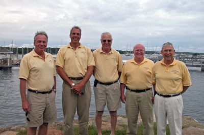 All Aboard
Crew members of local favorite SEAFLOWER, the Beverly Yacht Club's entry in the 2007 Marion-Bermuda Cruising Yacht Race, include (l. to r.) Mike Davis, David Risch, Captain Ron Chevrier, Charlie Brown, and Ray Cullum. The crew has reunited for the 30th anniversary of the popular race after having earned top New England honors and finishing seventh overall in the 2001 competition. (Photo by Kenneth J. Souza).
