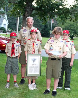 Seeds of Liberty
Members of Rochester Boy Scout Troop 31 who participated in the recent dedication of a newly-planted Liberty Elm tree on the front lawn of the Plumb Memorial Library in Rochester included (from left) Sam York, Scoutmaster Mr. Bernier, Jeremy Stubbs, Chris Bernier, and Chad Underhill. The troop presented a framed version of Thomas Paines poem Liberty Tree to Rochester Selectman Richard Nunes to be hung within Town Hall. (Photo by Kenneth J. Souza).

