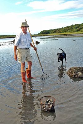 Shellfishing in Season
Horace Field, Mattapoisetts Assistant Harbormaster and Deputy Shellfish Warden, and his lab Bonnie enjoy an afternoon of quahogging along a Mattapoisett beach. As of October 15 you can also harvest scallops (through April 1). Quahogging can be done anytime with a shellfishing permit from the Mattapoisett Town Hall. Bonnie digs quahogs, too, under her masters permit! (Photo by and courtesy of Laura McLean).
