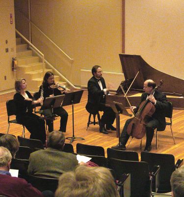 A Little Winter Music
Members of the South Coast Chamber Music Society perform classical pieces during their recent winter concert at Tabor Academys Lyndon South Auditorium in Marion on Saturday, January 20. The evening began with a brief history lesson by the Societys President, Anthony J. Lewis, Ph.D. The South Coast Chamber Music Society will next be at Tabor Academy on March 3, 2007 performing the works of Brahms, Martinu, Schumann and Weber during their spring concert. (Photo by Robert Chiarito).

