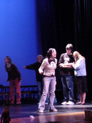 Tolerance Through Theater
Members of the Old Rochester Regional High School Drama Club (foreground, l. to r.) Shannon Francis, Evan Berry, and Samantha LeBlanc rehearse for the schools production of The Laramie Project, to be performed Thursday through Saturday, November 17, 18, and 19 at 8:00 pm; and Sunday, November 20 at 2:00 pm. Tickets are $10 for the general public and $8 for students and seniors and will be available at the door. Advance tickets can also be purchased at Old Rochester Regional High School, the Marion General Store, the Seaport Village Coffee and Ice Cream Shoppe in Mattapoisett, and the Plumb Corner Market in Rochester. (Photo by and courtesy of Joe Butterfield).
