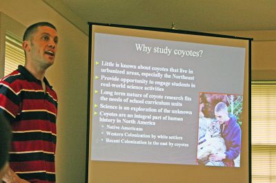 Coyote Lecture
Dr. Jonathon Way offers a fascinating presentation on coyotes at the Friends Meeting House on Route 6 in Mattapoisett as part of a lecture sponsored by the Mattapoisett Land Trust. Dr. Way, who was raised and lives presently in Barnstable, has been fascinated by coyotes since he was in high school and he noted that coyotes exist in 49 of the 50 United States, with the exception being Hawaii. (Photo by Robert Chiarito).
