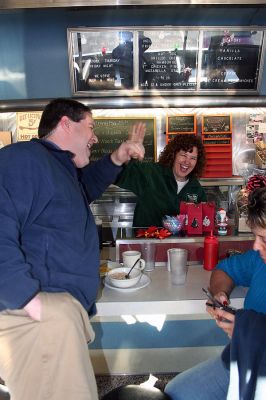 Fox at the Nest
Doug "VB" Goudie of Fox 25 Morning News and Nest Diner owner Barbara St. John chat it up during the recent segment of "Diner Wednesday" broadcast from the Mattapoisett establishment on December 3, 2008. (Photo by Robert Chiarito).
