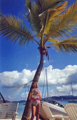 Sun and Fun
Gabby Hoag poses with The Wanderer at the Soggy Dollar in Jost Van Dyke, BVIs, during February vacation. (Photo by Betsy Hoag).
