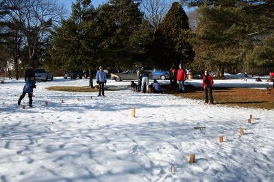 Kubb Match
The members of the Mattapoisett Land Trust hosted a game of Kubb (pronounced koob) on Sunday, January 25 at their Dunseith Garden property where the Seahorse is located on the corner of North Street and Route 6. This ancient game may or may not have ties dating back to the time of the Vikings and has been popular for the last 30 or 40 years on the Island of Gotland and in the southern part of Sweden. (Photo by Robert Chiarito).
