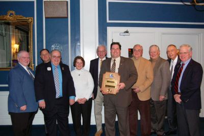 Lions Fellowship
Melvin Jones Fellows that were present at a recent dinner at the Wamsutta Club in New Bedford to honor Dr. Jeff Swift at the Mattapoisett Lions Club 2008 recipient of a Melvin Jones Fellowship included (l. to r.) John Hoyle, Tim Ray (in back), Don Correira, Natalie Hoyle, Jack Ayers, Jeff Swift, Paul Levine, Clay King, Bill Calusine, and Rick Price. (Photo courtesy of Rebecca McCullough).
